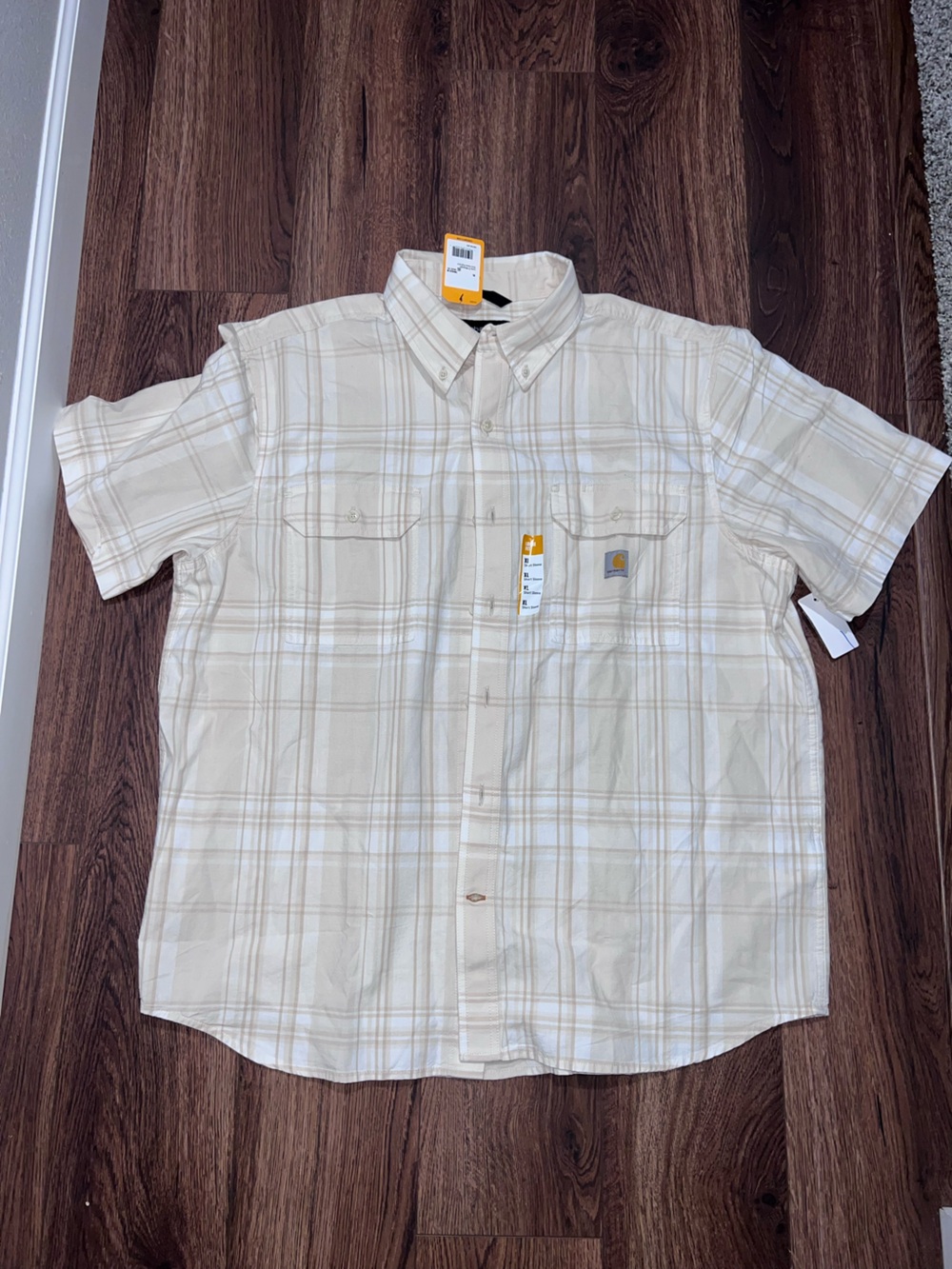 Carhartt Men's Beige Plaid Short-Sleeve Button-Down Shirt